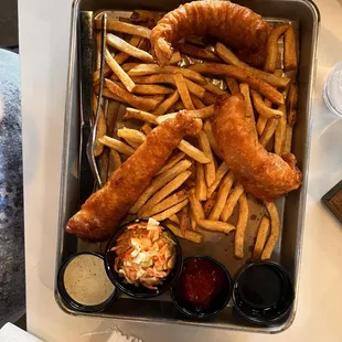 Fish &amp; Chips. I loved it; my companion thought the fries too salty.
