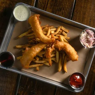 a tray of fish and chips