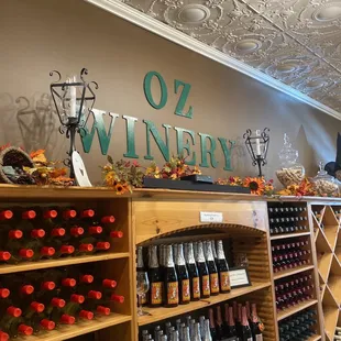 a wine rack with bottles of wine