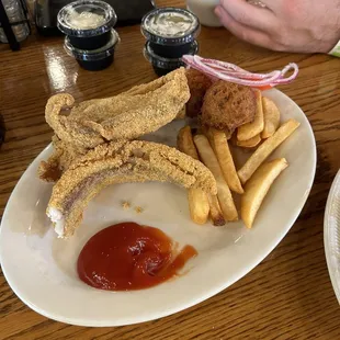 Gluten free dairy free fried catfish the fries ( hush puppies not gf)