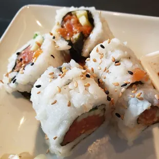 Photo of spicy tuna and spicy salmon lunch combo roll.