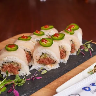 a close up of a sushi roll