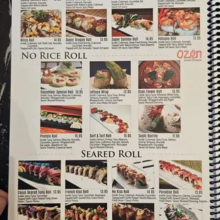 Baked roll and seared roll menu