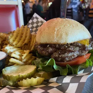 Cheeseburger with cheddar and waffle fries