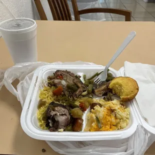 Rib, tips, rice, green beans, mac &amp; cheese, cornbread