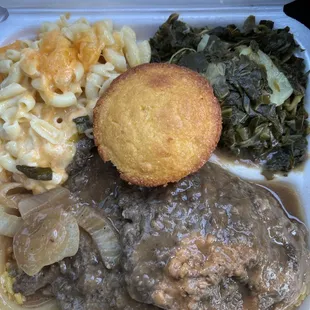 Collard Greens, Mac n Cheese, Cubed Steak W/ Yellow Rice &amp; gravy