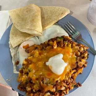 Chorizo Hash and 2 Eggs with tortillas