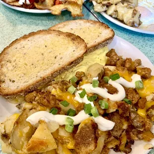 Chorizo Hash with Scrambled Eggs and Rye Bread