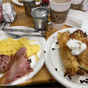 The Morning After Special (banana/choc hotcakes, ham, scrambled eggs)