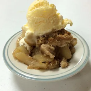 The dessert was a warm apple crisp topped with cold vanilla ice cream.