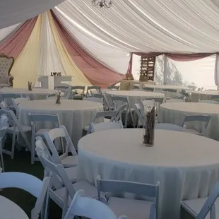 30 X 60 Tent, G
DRAPING, tables and white Reson Chairs