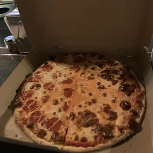 Half cheese (right) and half pepperoni and onion (left)