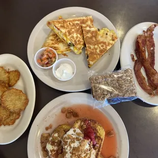 Breakfast quesadilla, strawberry shortcake French toast