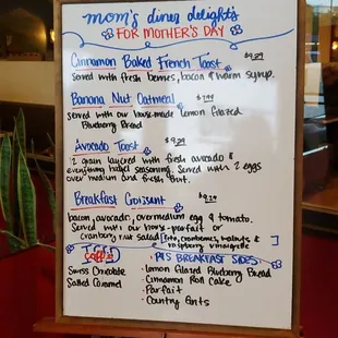 Specials for today, Mother's Day.