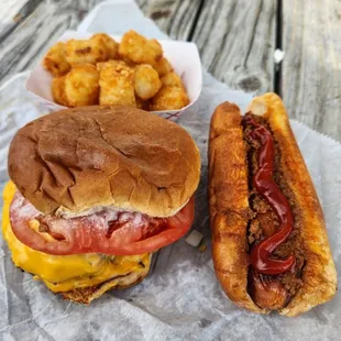 Double burger, chili dog, tots