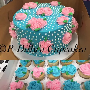 Polka dotted baby shower cake with matching cupcakes