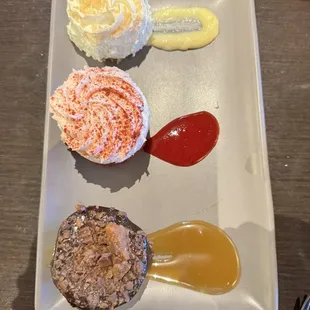 Top to bottom Key lime pie Red velvet cake Chocolate peanut butter pie