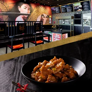  a bowl of chicken and chopsticks