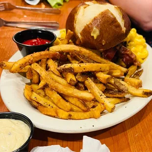 a plate of fries and a hamburger