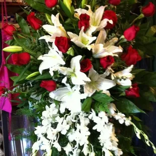 Red Roses, White Liles and White Orchid Spray