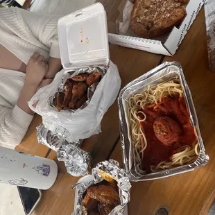 Garlic Bread Classic Pasta Dinners - With 2 Meatballs Apple Pizza Boneless Wings - 6 pieces Boneless Wings - 12 pieces