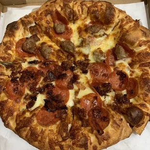 Large pepperoni, half sausage, half bacon; regular crust; white garlic sauce.