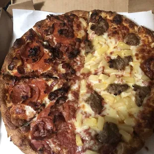 Large  Half pepperoni and bacon, half sausage and pineapple
