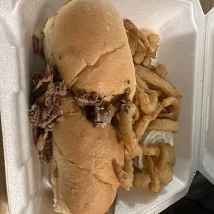 Cheesesteak and onion twigs.