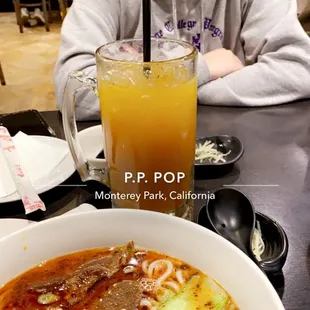 Yummy, tender, flavorful soup. Giant iced tea. Crazy college student.