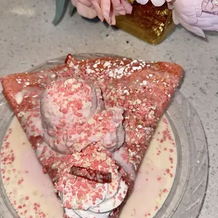 Strawberry Crunch Crepe, with added sweet cream sauce