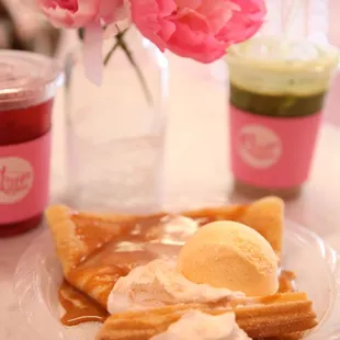 Churrisimo Cheesecake + Vanilla Ice Cream, Wild Berry Hibiscus Iced Tea, Strawberry Horchata Matcha Latte.