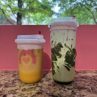 Mango and Passion Fruit Yakult &amp; Matcha Latte With Sakura Foam