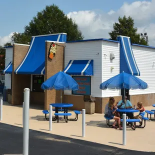 people sitting at tables under blue umbrellas