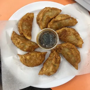 a plate of fried dumplings