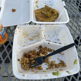 We ordered some plantain with garlic, broccoli with shrimp and fries and chicken. That's our left over