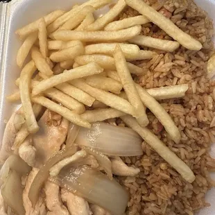 Garlic Chicken Combo with rice and fries. Couldn't substitute fries out with something else,