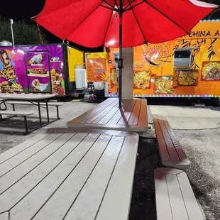 icnic tables and an umbrella