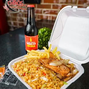  plastic takeout container filled with rice, chicken, and shrimp