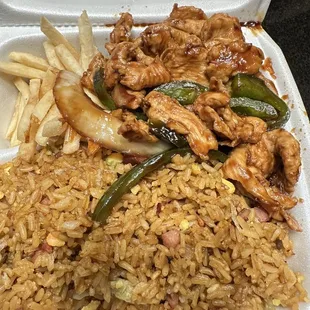 Pepper chicken with fried rice(pork and shrimp) and fries