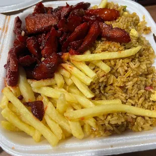 ice, meat, and beans in a styrofoam container