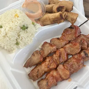BBQ pork with rice, and lumpia