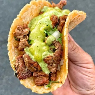 a hand holding a taco