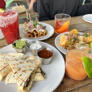 Street corn, braised pork taquitos, Grilled Quesadillas