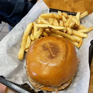 BBQ pork sandwich with fries