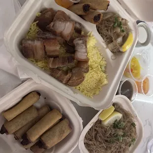 Lechon Kawali Plate, side of Pancit and pork Lumpia shorties (7pcs)