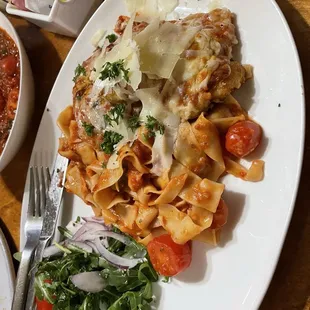Chicken Parmesan with tagliatelle noodle