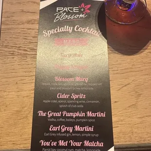 Drinks menu