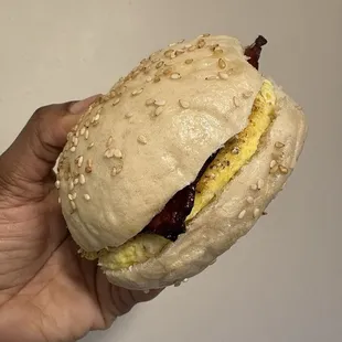 Sesame bagel, breakfast sandwich ($7.75) -- turkey bacon and egg without cheese