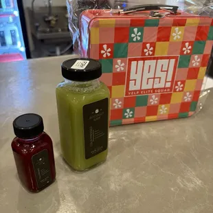 Energizer wellness shot ($5) on the left and FORM juice which has celery, cucumber, ginger, and lemon ($6) on the right