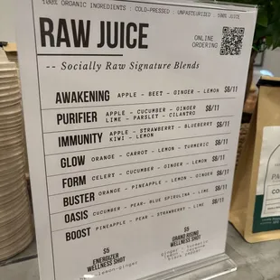 Menu -- raw juices
